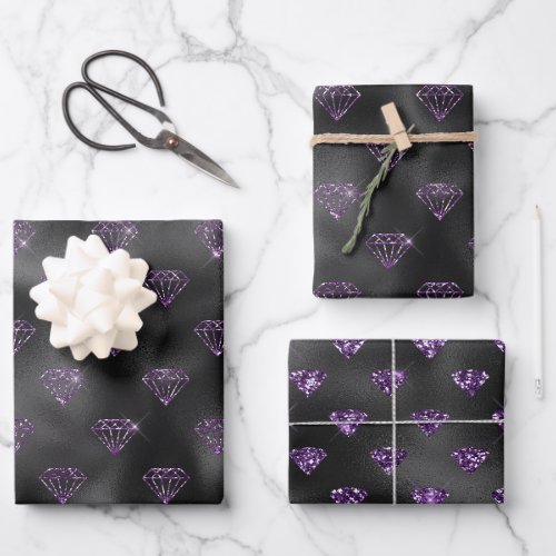 Girly Purple Sparkle Black Diamonds Bridal Shower Wrapping Paper Sheets