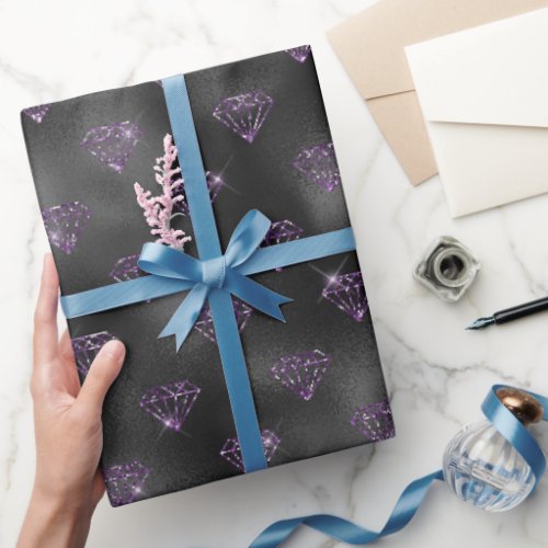 Girly Purple Sparkle Glitzy Black Diamonds Wedding Wrapping Paper
