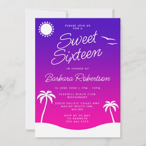 Girly Purple Tropical Sunset Script Sweet Sixteen Invitation