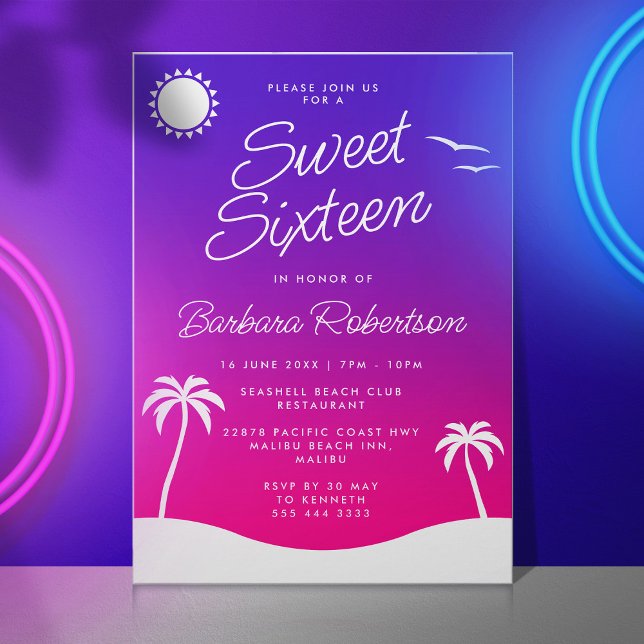 Girly Purple Tropical Sunset Script Sweet Sixteen Invitation (Sweet sixteen invitation with sunset and tropical palm trees)