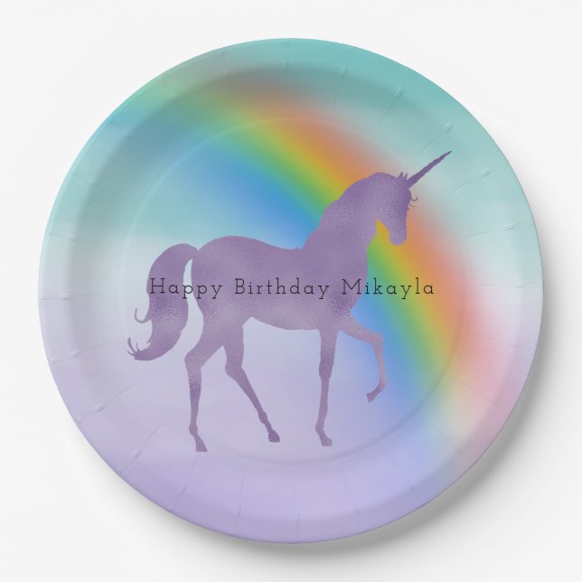 Girly Purple Unicorn Rainbow Personalized Paper Plates (Front)