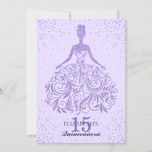 Girly Purple Violet Glitter Dress Quinceaera Invitation