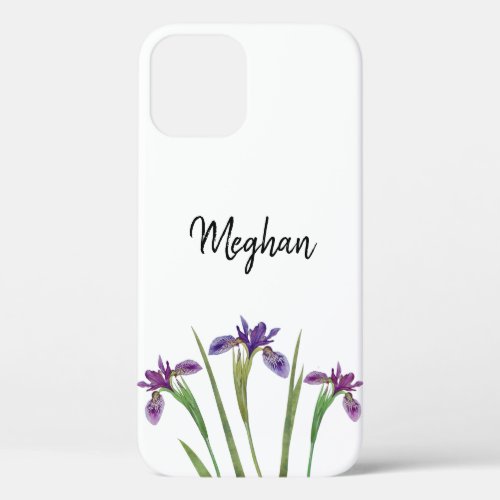 Girly Purple Watercolor Floral Iris Monogram Name iPhone 12 Case