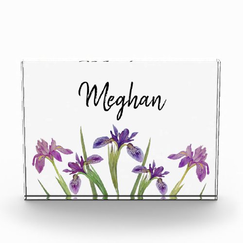 Girly Purple Watercolor Floral Iris Monogram Name Photo Block