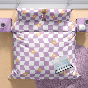 Girly Purple White Checkerboard Floral Pattern Duvet Cover