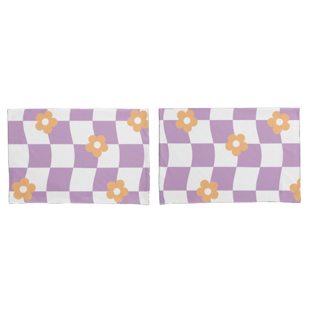 Girly Purple White Checkerboard Floral Pattern Pillow Case (Front-Set)