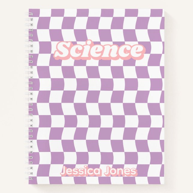 Girly Purple White Checkerboard Subject Name Notebook (Front)