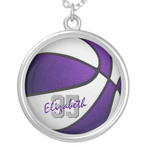 girly purple white personalized basketball silver plated necklace