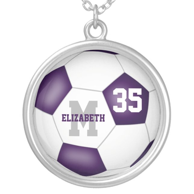 girly purple white personalized soccer silver plated necklace (Front)