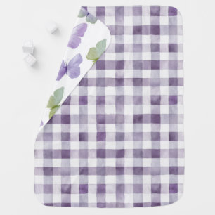 Girly Purple White Plaid Stripes Green Butterflies Baby Blanket