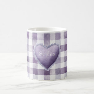 Girly Purple White Plaid Stripes Heart Name Coffee Mug