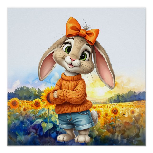 Girly rabbit sunflower field  poster (Front)