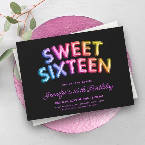 Girly Rainbow Balloons Black Sweet 16  Invit Invitation