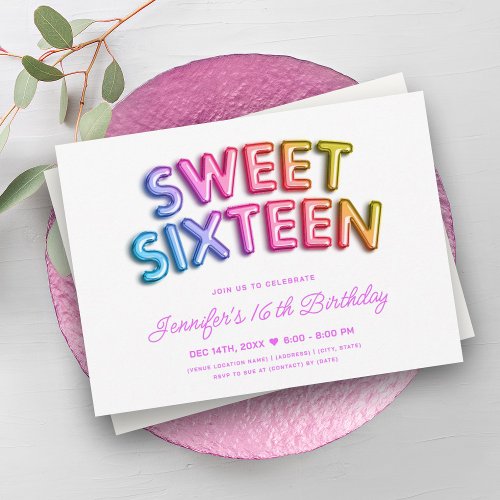 Girly Rainbow Balloons White Sweet 16   Invitation