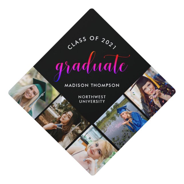  Girly Rainbow Calligraphy Graduate Custom Photo  Graduation Cap Topper (Front)