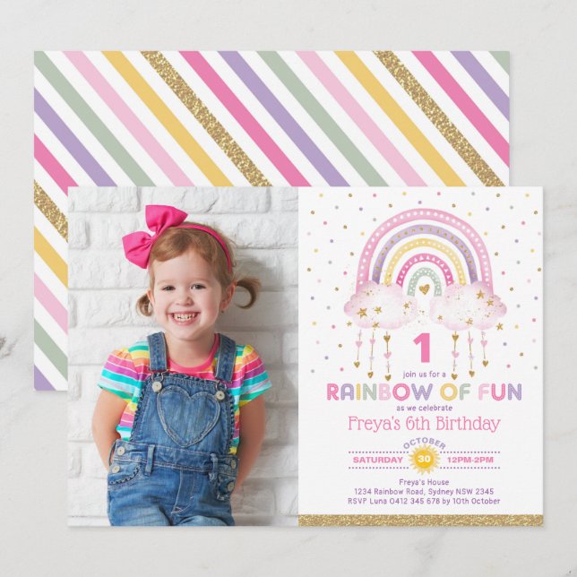 Girly Rainbow Clouds Confetti Pink Gold Birthday Invitation (Front/Back)