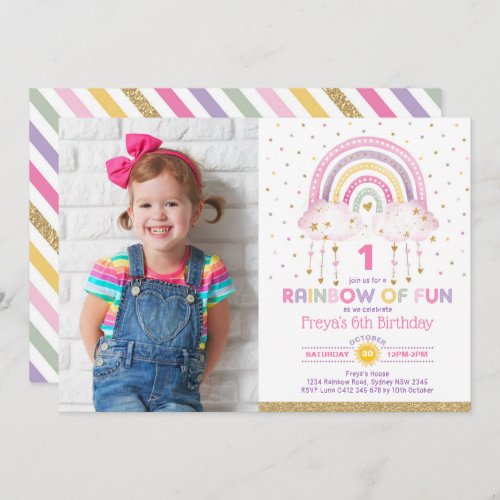 Girly Rainbow Clouds Confetti Pink Gold Birthday Invitation