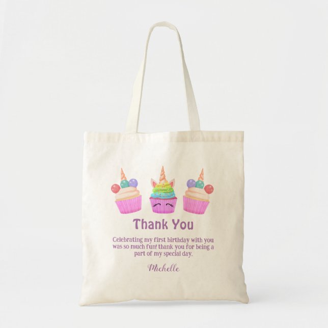 girly rainbow cupcakes thank you girl 1st birthday tote bag (Front)