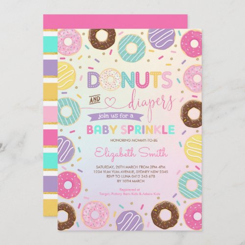 Girly Rainbow Donuts Diapers Baby Sprinkle Shower Invitation