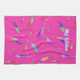 Girly Rainbow Feathers Hot Pink Script Kitchen Towel