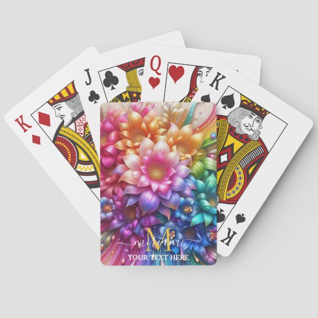 Girly Rainbow Floral Flower Monogram Poker Cards (Back)
