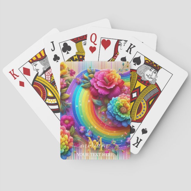 Girly Rainbow Floral Flower Monogram Poker Cards (Back)