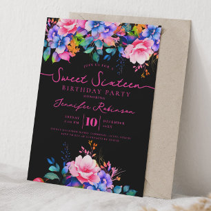 Girly Rainbow Floral Sweet 16 Birthday Black Invitation