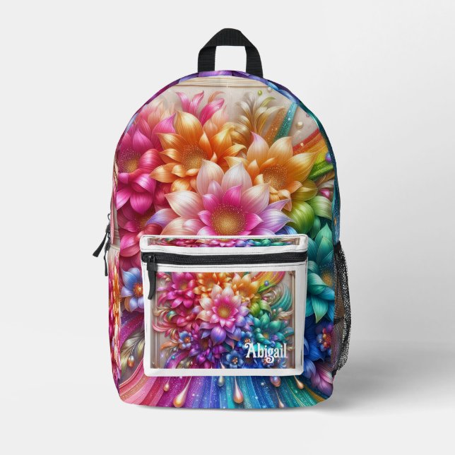 Girly Rainbow Flowers with Glitter Drips Backpack (Front)