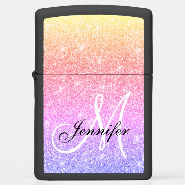 Girly Rainbow Glitter Elegant Monogram Name Zippo Lighter (Front)