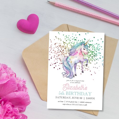 Girly Rainbow Glitter Magical Unicorn Birthday  Invitation