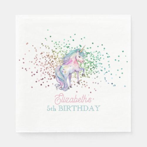 Girly Rainbow Glitter Magical Unicorn Birthday Napkins