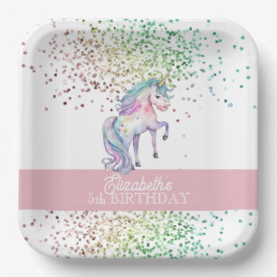 Girly Rainbow Glitter Magical Unicorn Birthday Paper Plates
