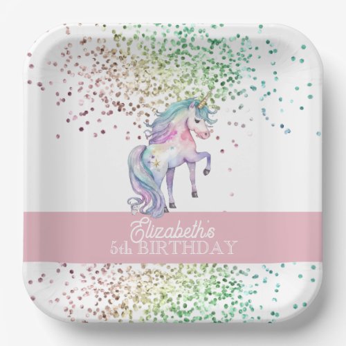 Girly Rainbow Glitter Magical Unicorn Birthday  Paper Plates