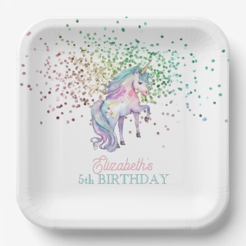 Girly Rainbow Glitter Magical Unicorn Birthday  Paper Plates