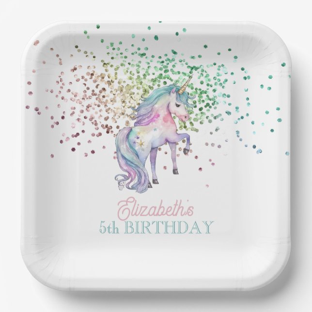 Girly Rainbow Glitter Magical Unicorn Birthday  Paper Plates (Front)