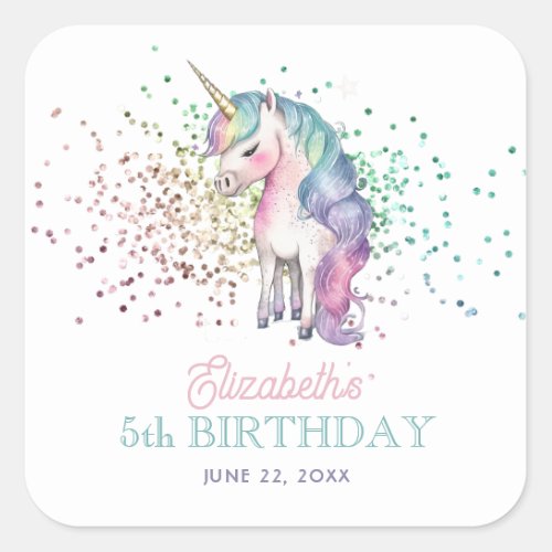 Girly Rainbow Glitter Magical Unicorn Birthday Square Sticker