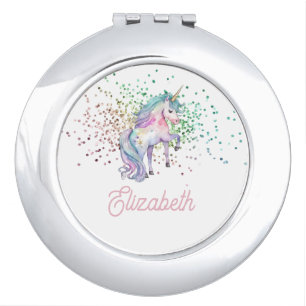 Girly Rainbow Glitter Magical Unicorn Compact Mirror