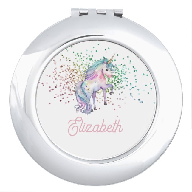 Girly Rainbow Glitter Magical Unicorn  Compact Mirror (Front)