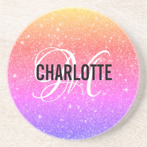 Girly rainbow glitter monogram name Coaster