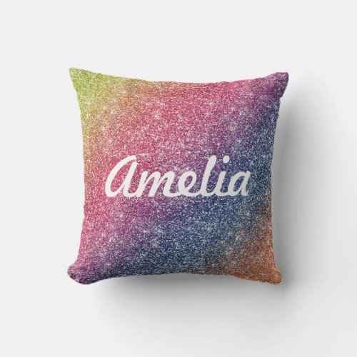 Girly Rainbow Glitter Monogram Name Throw Cushion