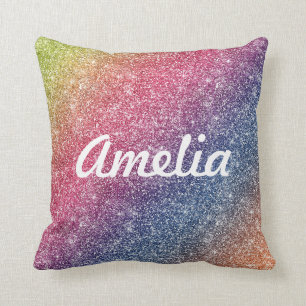 Girly Rainbow Glitter Monogram Name Throw Cushion