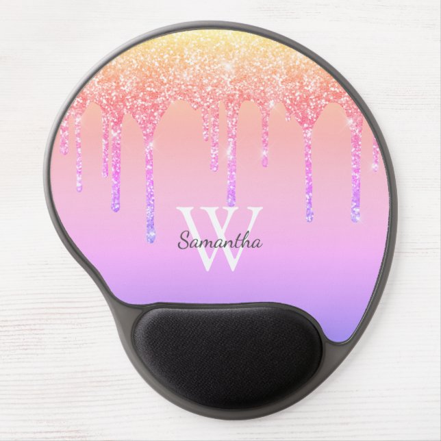Girly Rainbow Glitter Sparkle Drips Monogram Name Gel Mouse Pad (Front)