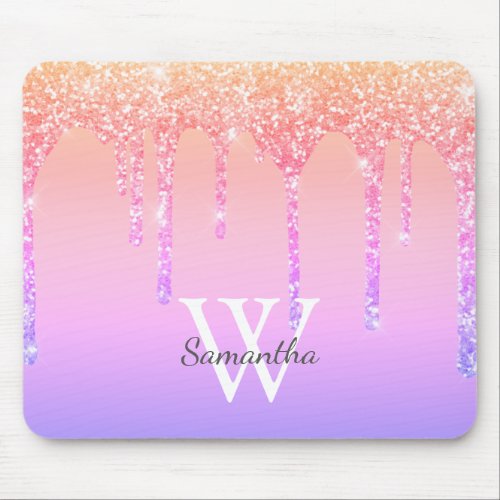 Girly Rainbow Glitter Sparkle Drips Monogram Name Mouse Pad