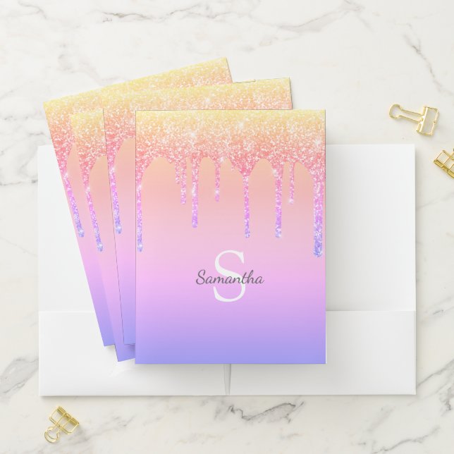Girly Rainbow Glitter Sparkle Drips Monogram Name Pocket Folder (In Situ)