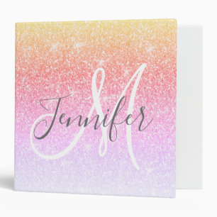 Girly Rainbow Glitter Sparkles Monogram Name 3 Ring Binder