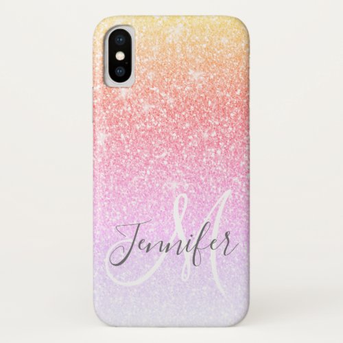 Girly Rainbow Glitter Sparkles Monogram Name iPhone X Case