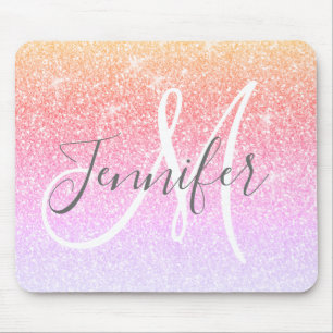 Girly Rainbow Glitter Sparkles Monogram Name Mouse Pad