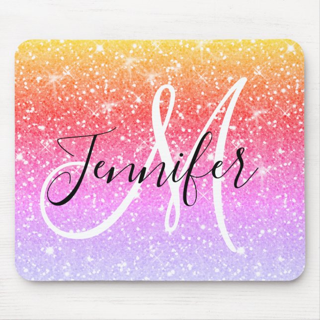 Girly Rainbow Glitter Sparkles Monogram Name Mouse Pad (Front)