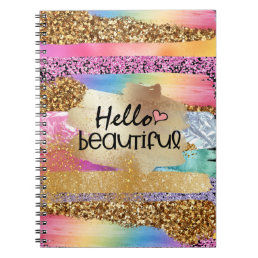 Girly rainbow gold glitter hello beautiful heart notebook