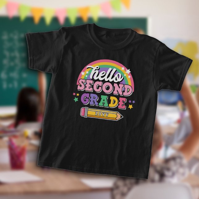 Girly Rainbow Hello Second Grade with Year T-Shirt (Creator Uploaded)